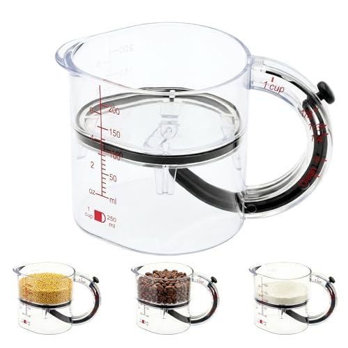 Adjustable 4-in-1 measuring cup with double scale (ml/oz) push bottom design, used as a multi in 1 measuring tool for baking and cooking