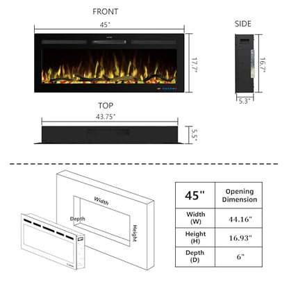45" WiFi Electric Fireplace Inserts, Recessed and Wall Mounted Fireplace Heater W/Adjustable Flame Color & Brightness, Thermostat, 9H Timer, App and Remote Control, 750/1500W - size: 45" WiFi