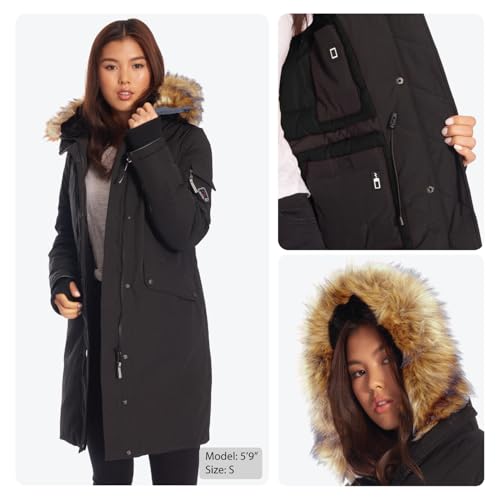 ALPINE NORTH Laurentian Women’s Vegan Down Long Parka Jacket with Faux Fur Hood - color: Black, size: Medium, style: Standard Size
