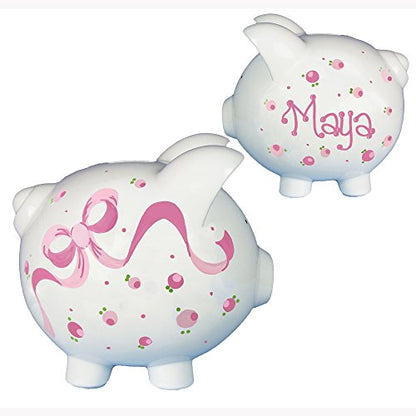 My Bambino Girl's Hand Painted Personalized Piggy Bank Large White piggybank Baby Gift (Pink Bow) - color: Pink Bow