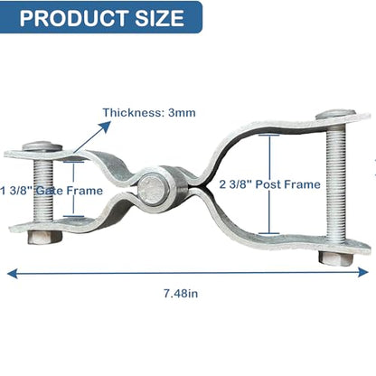 2 Pack 1-3/8" x 2-3/8" Chain Link Fence Gate Hinge Kit, Galvanized Steel Gate Hinges, Heavy Duty with 2 PCS 1-3/8" Frame Hinge and 2 PCS 2-3/8" Post Hinge, Bolts & Nuts Included
