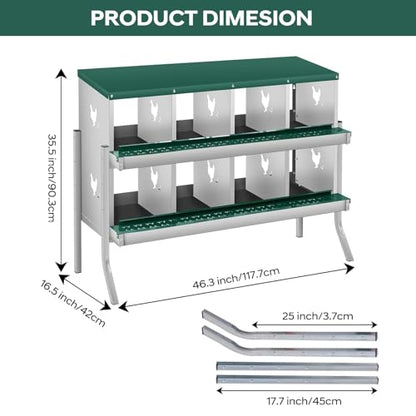 Garvee Chicken Nesting Box, 8 Compartments Nesting Box for Chickens, Galvanized Steel Chicken Laying Box for Easy Egg Collection, Wall Mounting - color: Green | 8 Compartments+legs
