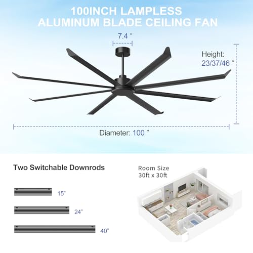 100 Inch Industrial Ceiling Fan No Light, 8 Double-Layer Aluminum Blades, 21000 CFM High Airflow HVLS Commercial Fan, PMSM Motor, with 6 Speeds, Remote & Wall Control for Warehouse Barn Gym