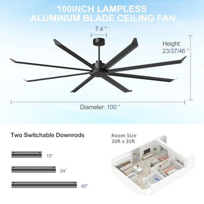 100 Inch Industrial Ceiling Fan No Light, 8 Double-Layer Aluminum Blades, 21000 CFM High Airflow HVLS Commercial Fan, PMSM Motor, with 6 Speeds, Remote & Wall Control for Warehouse Barn Gym