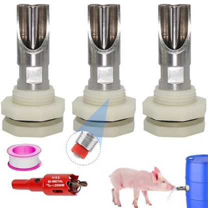 3 Pcs Pig Nipple Drinkers Kit Auto Pig Watering System Stainless Steel with 3 Pcs Plastics Water Tank Connector 1Pcs Hole Opener for Pig Goats Swine Piglets Drinking (3pcs, Plastics)