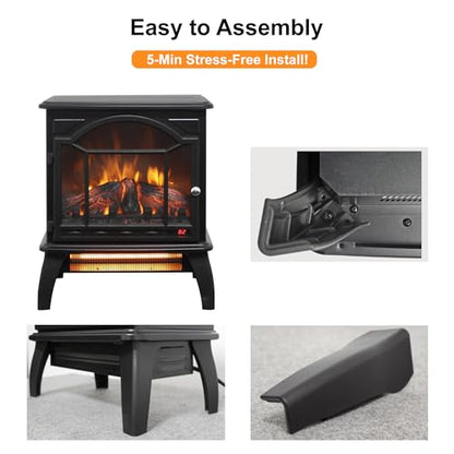 18" Electric Fireplace Stove, Freestanding Fireplaces Heater with Realistic Flame, Remote, Timer, Adjustable Brightness, Thermostat, 1500W, Black - size: 18" (Dynamic Flames)