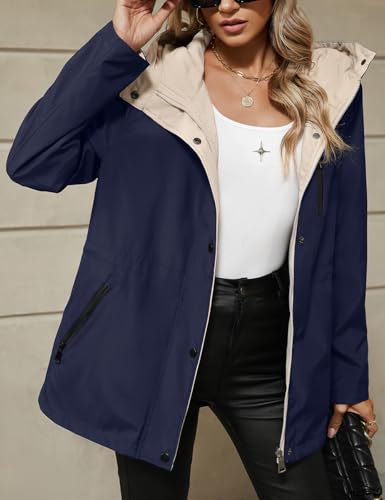 Bellivera Women's Lightweight Coat Windbreaker Zip Up Long Sleeve Jacket Outdoor Raincoat with Hood - color: Blue Windbreaker, size: Large