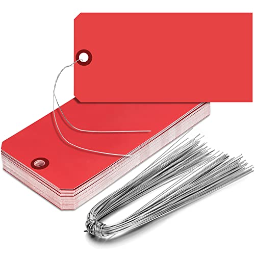 Geyee 200 Pieces Blank Manila Shipping Tags with Wires 4 3/4 x 2 3/8 Luggage Paper Label Tags for Inventory Garage Hanging Items(Red) - color: Red