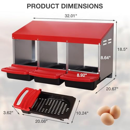 Chicken Nesting Boxes, 3 Compartments Egg Collection with Removable Drawer, Chicken Metal Laying Nest Box for Hens, Easy to Assemble, for Chicken Coop, Red - color: Red