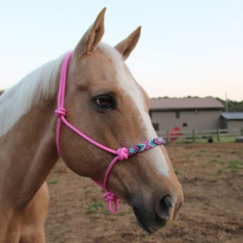 Tahoe Tack Copper Tip® Series Braided Rope Horse Halter with Navajo Beaded Noseband, Cowboy Knots, 10 Ft Lead - color: Pink/Pink