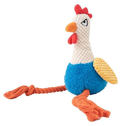 Plush Chicken Dog Toy with Squeaker, Interactive Rope Legs, Colorful Textured Rooster Chew Toy for Small, Medium Dogs, Tug-of-War, Fetch - color: Blue Rooster
