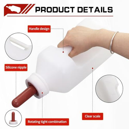 Screw Nipple Calf Feeding Device 2 Quart, Calf Feeding Bottle with Rubber Nipple & Cap, Handle Milk Pot Feeding Supplies