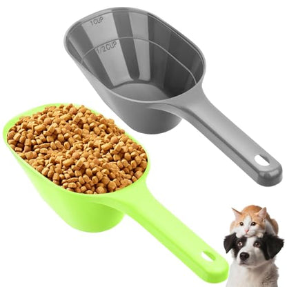 2 PACK Dog Food Scoop,1 Cup Capacity Pet Food Scoop With Measuring Lines For Dog, Puppy and Cat (Grey and Green) - color: Grey and Green