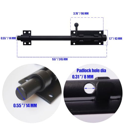 10Inch Slide Bolt Latch Black, Heavy Duty Barrel Bolt Latch with Padlock Hole, 304 Stainless Steel Sliding Bolt Gate Latch, Thickened Door Lock Hardware for Fence/Barn/Shed - size: 10 Inch