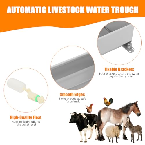 7.5L Water Trough for Livestock Self Filling Drinking Bowl with Float Valve & 3.28ft Hose 304 Stainless Steel Water Tank for Horse Goat Pig Cow Deer, Silver, Easy to Clean