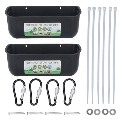 2PCS Hanging Feeder, Hay Feeder Wall Mount, Fence Feed Trough Thick PP Fence Hanging Chicken Feeder for Duck Piglets Goose Turkeys Goat Pig (Black)