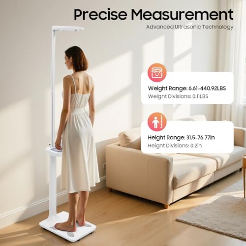 Professional Digital Physician Scale - Ultrasonic Medical Body Analyzer Scale, Standing Height and Weight Scales for Measuring Fat, BMI Muscle Calories and More, 440lb Capacity, 31.5-76.77 in