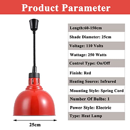 Hanging Food Heat Lamp Infrared Food Warmer Fry Heating Lamp 250W with Light Bulb (Dia25cm(Red)) - size: Dia25cm(Red)