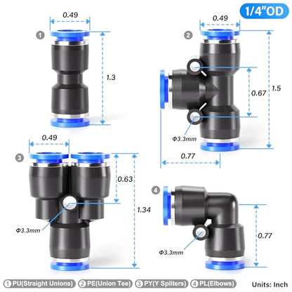 TAILONZ PNEUMATIC 1/4 Inch od Push to Connect Fittings Pneumatic Fittings Kit 20 Spliters+20 Elbows+20 tee+20 Straight (80 pcs) - color: Blue, size: 1/4"OD/80PCS