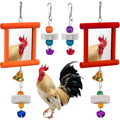Sumind 2 Pieces Chicken Mirror Toys Hanging Swing Mirror with Bell Wooden Pecking Toy and 4 Pieces Beak Grinding Molar Stones for Hens Birds Parrots(Red,Orange) - color: Red,Orange