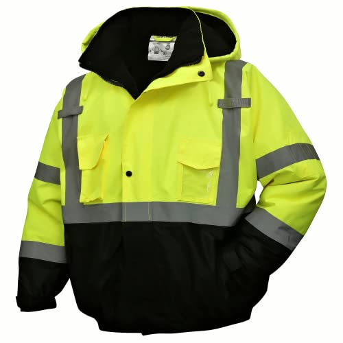 SKSAFETY High Visibility Reflective Jackets for Men, Waterproof Class 3 Safety Jacket with Pockets, Hi Vis Yellow Coats with Black Bottom, Mens Work Construction Coats for Cold Weather, L, 1 Pack - color: Yellow, size: Large
