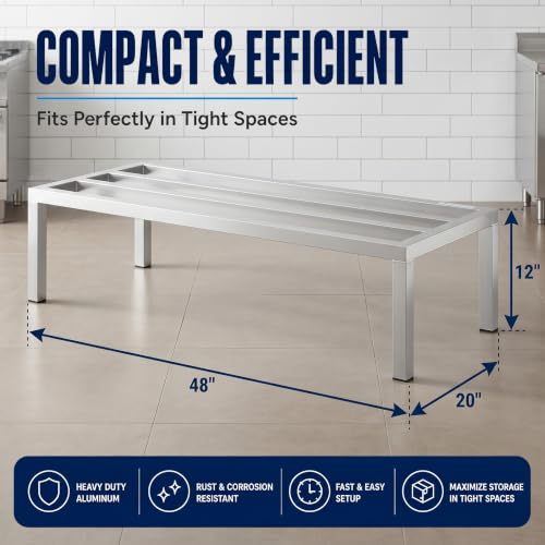 48" x 20" x 12" Aluminum Dunnage Rack – Heavy Duty Floor Storage Stand, NSF for Commercial Use - size: 48"W x 20"D x 12"H