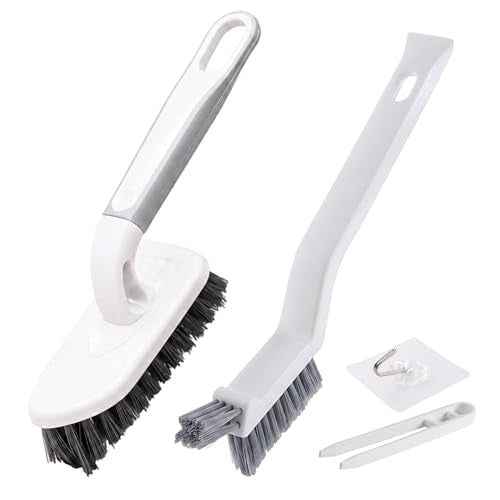 4PCS Shower Brush for Cleaning Set, Floor Scrub Brush with Long Handle and Bathtub Scrubber 2-Pack Tub,Scrubber Comes with Hook and Debris Clip for Effective Shower and Bathtub Cleaning