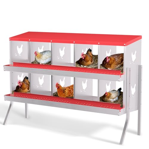 Chicken Nesting Box, 10 Hole Chicken Nesting Box with Legs, Metal Chickens Laying Boxes with Perch, Metal Roll Away Eggs Laying Boxes, Versatile Wall Mount or Free Standing for Chickens - color: red, size: 10 holes with legs
