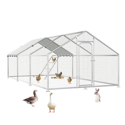 Large Metal Chicken Coop Walk-in Poultry Cage with Waterproof Roosting Perch and UV-Resistant Cover, Outdoor Chicken Run Poultry Hen House for Backyard Farm Use,Spire Roof(10’ W x 19.7’ L x 6.4’ H) - size: 236.4"L x 120.0"W x 76.8"H
