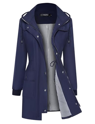 Bloggerlove Rain Jacket Women Lightweight Raincoat Waterproof Windbreaker Striped Climbing Outdoor Hooded Trench Coats S-XXL - color: Navy Blue, size: Small