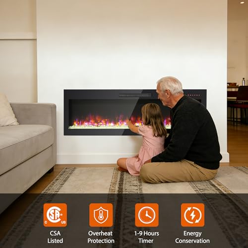 60" Electric Fireplace, Wall Fireplace Electric with Remote Control, 16 Adjustable Flame Colors, Wall Mounted/Recessed, 1400W Fireplace Insert Heater, Timer, Thermostat - size: 60 Inch Standard