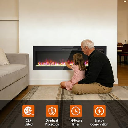 60" Electric Fireplace, Wall Fireplace Electric with Remote Control, 16 Adjustable Flame Colors, Wall Mounted/Recessed, 1400W Fireplace Insert Heater, Timer, Thermostat - size: 60 Inch Standard