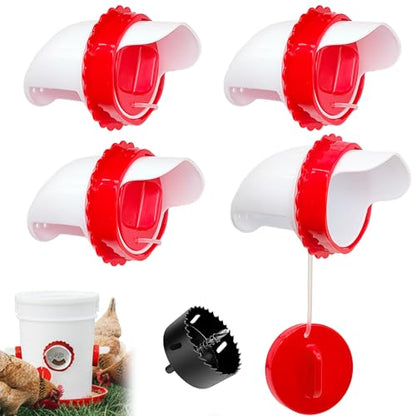 Chicken Feeder Port Kit 4 Pack, Cilkus DIY Automatic Poultry Feeder Cups for Buckets & Bins, No Waste Gravity Feed Chicken Feeder Ports with Covers for Hens, Ducks and Poultry (4-Pack) - size: 4-Pack