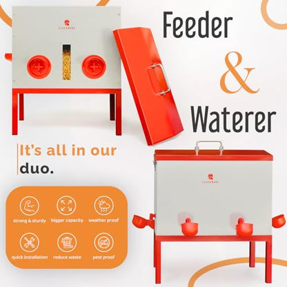 Metal Chicken Feeder and Waterer Set – 10 Gallon SS304 Stainless Steel Poultry Waterer & 40 lb Aluminum Feeder, Rust-Resistant Design, Transparent Window, Cups & Nipples Included, No Leakage