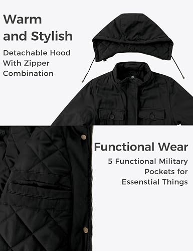 wantdo Women's Winter Coat Warm Anorak Parka Cotton Windproof Jacket with Removable Hood - color: Black, size: Large