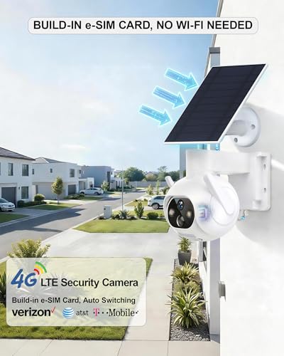 4G LTE Cellular Security Camera, No WiFi Needed, Solar Powered with Built-in eSIM, 2K Pan Tilt, PIR Motion Detection & Auto Tracking, Color Night Vision for Farm, Ranch, Barn & RV