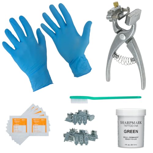 Small Animal Complete Tattooing Kit with 0-9 & A-Z, Nitrile gloves, and Ink for Identification of Sheep, Pigs, Goats, Rabbits, and Other Livestock (Green) - color: Green