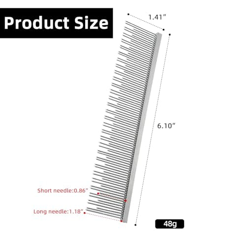 Professional Pet Stainless Steel Comb Long&Short Tooth Dog Dematting Com Flea Comb Pet Grooming Tool for Dogs and Cats Remove Loose Hair Mats Knots Tangles Dirt Fleas 6.1in/15.5cm