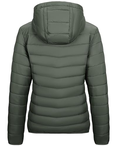 Outdoor Ventures Women's Packable Lightweight Full-Zip Puffer Jacket with Hood Quilted Winter Coat - color: Army Green(fold in Pocket), size: XX-Large