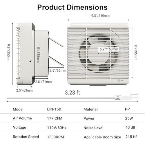 8 Inch Wall Mounted Shutter Exhaust Fan with Automatic Shutter, 177 CFM Quiet Powerful Plug in Wall Exhaust Fan, Window Extractor Ventilation Fan for Bathroom, Attic, Garage, Shed, 25W, White - size: 8 Inch