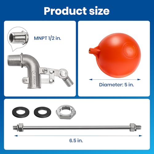 1/2" Stainless Steel Float Valve for Water Tank with 5" Float Ball | 304 Stainless Steel, 5" Float Ball, Adjustable Arm, Leak-Proof Water Level Control - size: 1/2inch