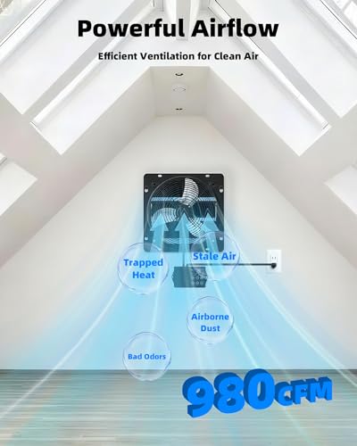 12 Inch Upgraded Shutter Exhaust Fan with Thermostat & Remote Control, Automatic On/Off by Temperature, 980 CFM Wall Mounted Garage Fan for Attic, Greenhouses, Sheds, Chicken Coops & Shops - size: 12''