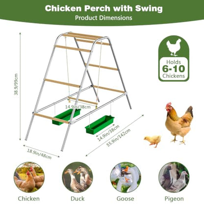 Wooden Chicken Perch with Swing – Large Multi-Level Roosting Bars for 8-12 Chickens, Durable Wood & Rustproof Hardware Outdoor Coop Stand, Easy Assembly Backyard Chicken Accessories