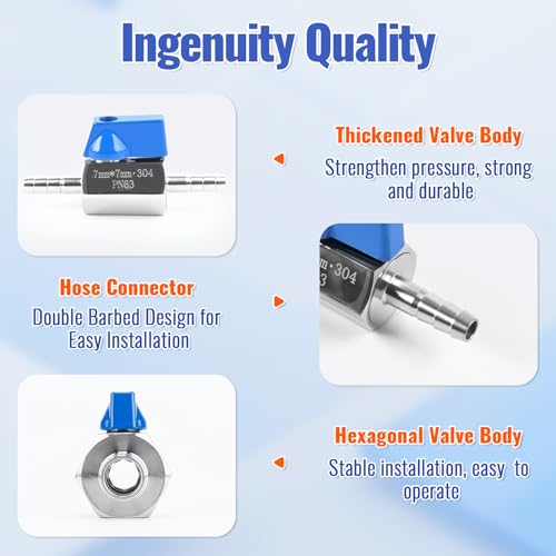 1/4" Hose ID Barb Ball Valve, 304 Stainless Steel Dual 7mm Barb Mini Heater Hose Shut Off Valve with Clamps for Fuel, Gas & Water Lines - size: 1/4 Inch