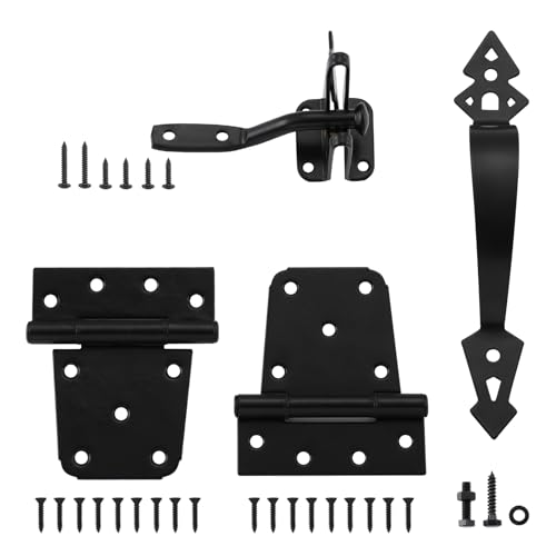 HOME MASTER HARDWARE Wood Gate Hardware Set-3-1/2in T Hinge & Heavy Duty Gate Latch & Decorative Gate Handle with Screws for Outdoor Fence Swing Gate Black Finish