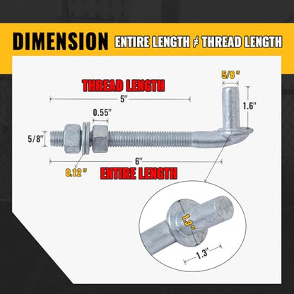 VIVIDA 6" J-Bolt Post Hinge, J Bolt Gate Hinge with 5/8" Male Pin, for Chain Link Fence Gate, Galvanized Steel, Nuts & Washers Included, 2 Pack - size: 6" (2 PCS)