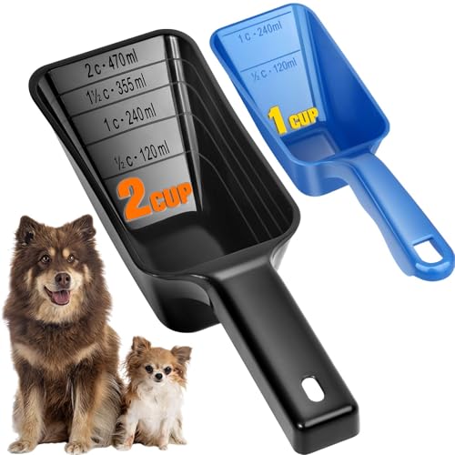 2-Pack Dog Food Scoop Set,1 Cup and 2 Cup Plastic Pet Food Measuring Scoops with Clear Measurement Lines,Multi-Purpose Pet Food Scooper for Dogs, Cats (Blue and Black) - color: Blue and Black