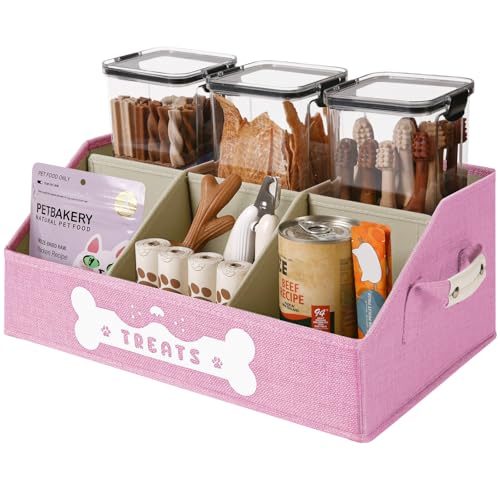 Dog Treat Container, Dogs Storage Organizer with Removable Dividers, Collapsible Dogs Treat Holder for Countertop, Trapezoid Pet Treats Containers, Dog Toy Basket with PU Handles, Medium, Pink - color: Pink, size: Medium (6 compartments)