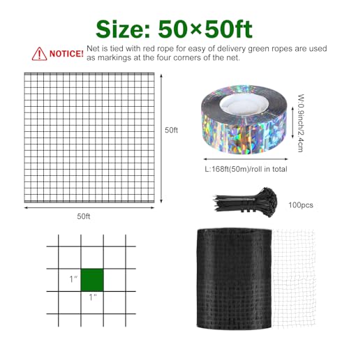 Bird Netting for Chicken Coop 50 X 50 Ft 1" Square Mesh Heavy Duty Chicken Run Netting Roof Cover Against Hawks, Eagles, Owls, UV Resistant, for Garden, Fruit Tree, Plant, Vegetable Protection - size: 1 inch mesh - 50 x 50 ft