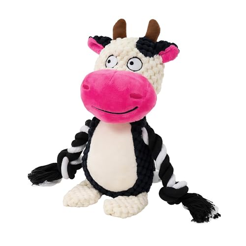 Dog Toy with Rope Arms Dairy Cow, Squeaky Interactive Pet Toy, Purple, for Small & Medium Dogs - color: White & Pink